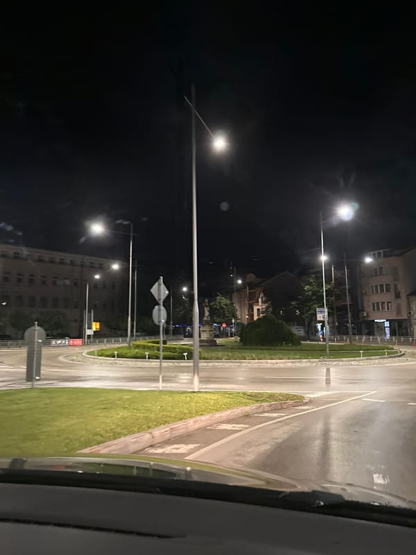 Nighttime street scene captured from vehicle in Gabrovo, Bulgaria