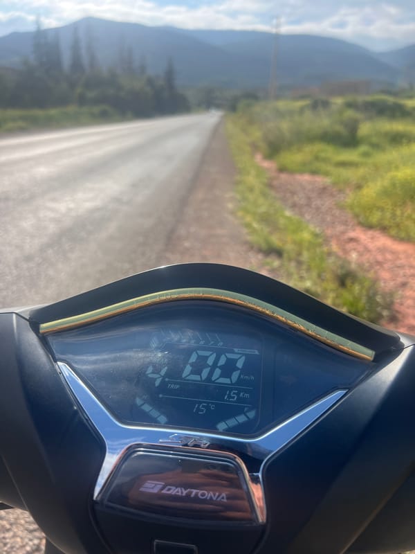 Scooter stops during 1.5km trip near Ouaouizert, Morocco