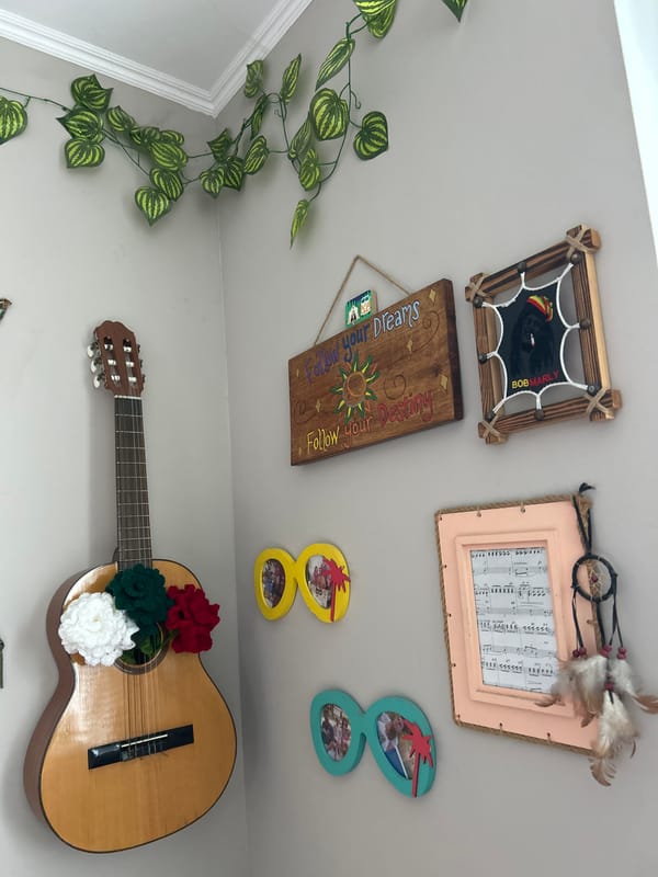 Resident documents home decor featuring guitar, cacti in Pazardzhik