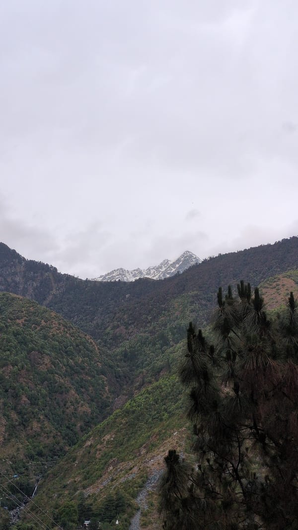Mountain landscape photographed in Bhagsu, India under overcast skies