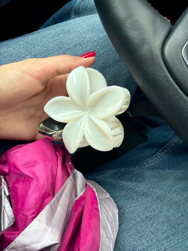 Person with hair clip sits in car during winter