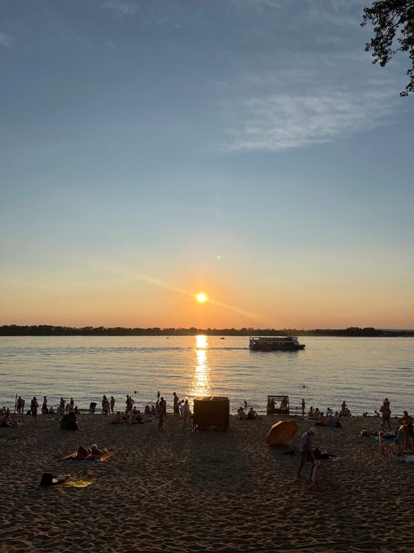 Sunset beach scene on a warm July evening in Novokuybyshevsk