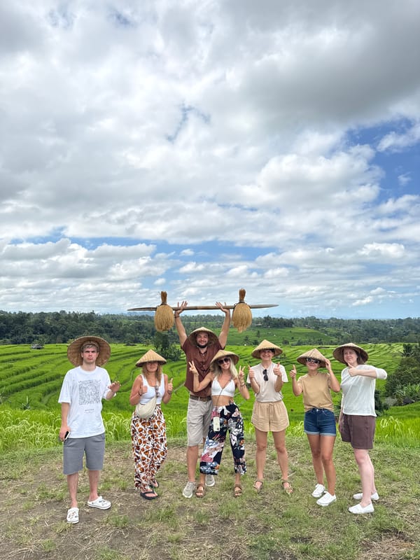 Tourist group photographed in Penebel rice terraces wearing conical hats