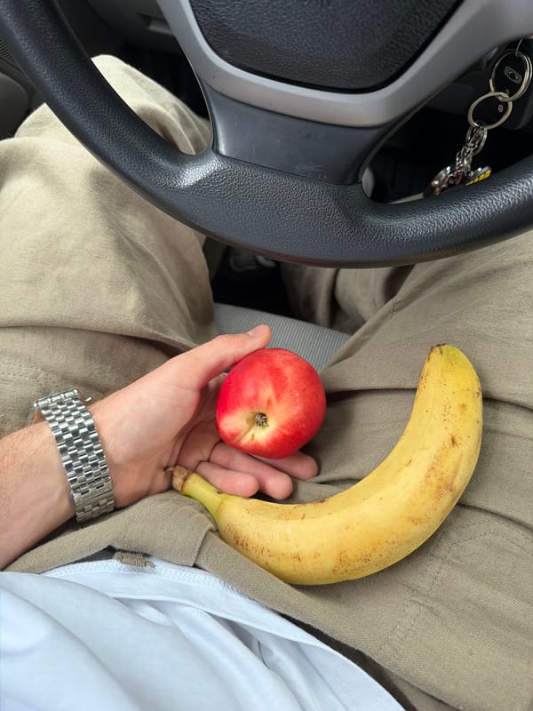 Fruit in hand and elevator selfie, Yerevan midday