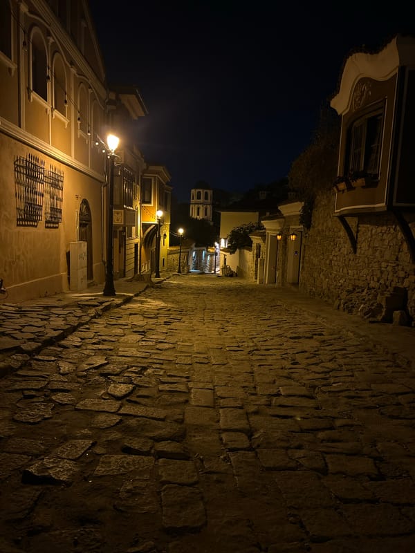 Plovdiv's Old Town cobblestone streets lit up at night
