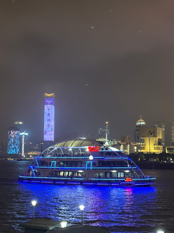 Woman overlooks illuminated tour boat on Shanghai's Huangpu River