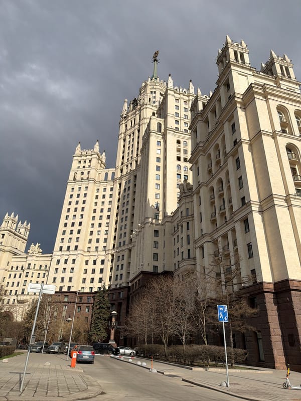 Tilted street view of Moscow's Kotelnicheskaya Embankment Building captured