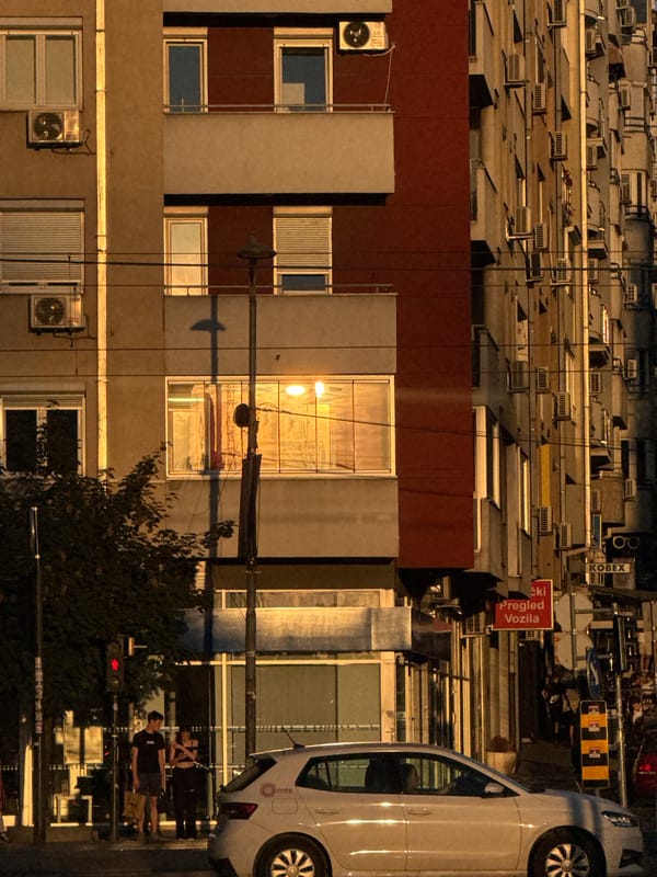 Evening walk documented through Belgrade streets during golden hour