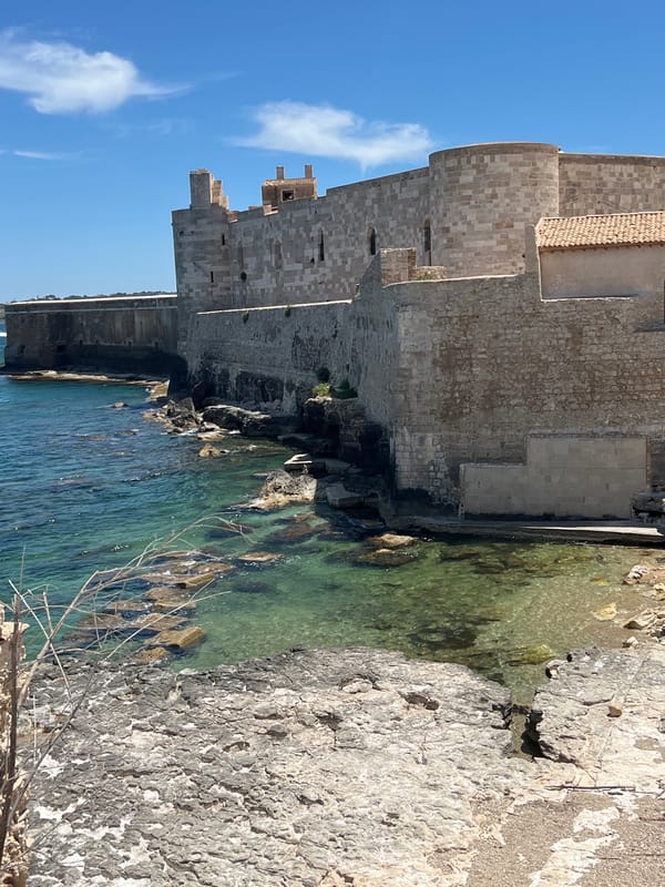 Medieval fortress and blooming red bush at Ortigia's tip