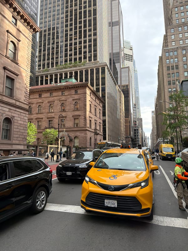Overcast evening street scene observed in NYC urban district