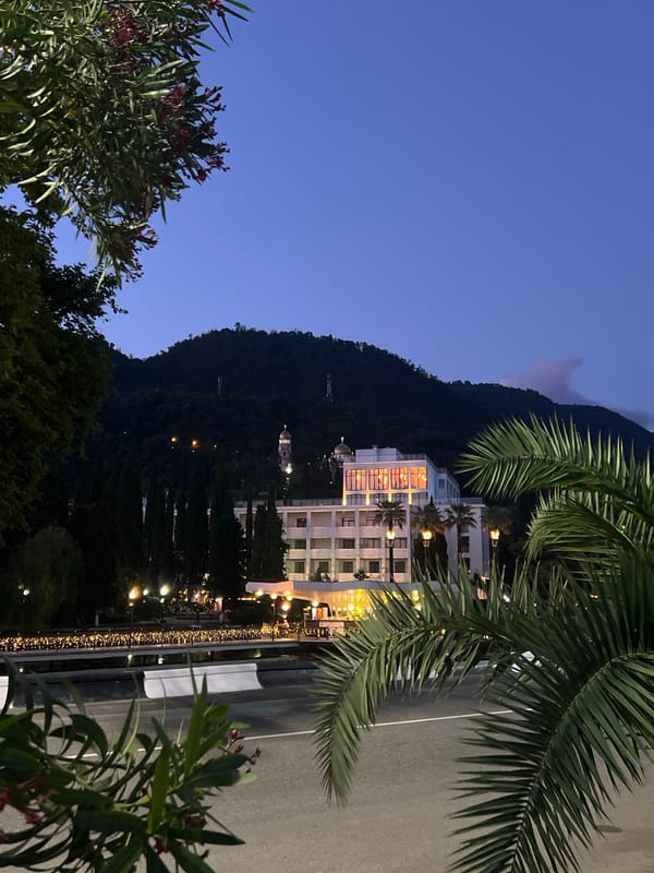 Twilight at a waterfront resort with rides, lights, and Georgian food