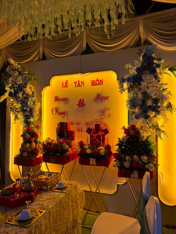 Wedding ceremony with elaborate decorations observed in Bình An, Vietnam
