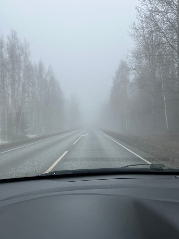 Driver navigates dense fog on wet Russian road
