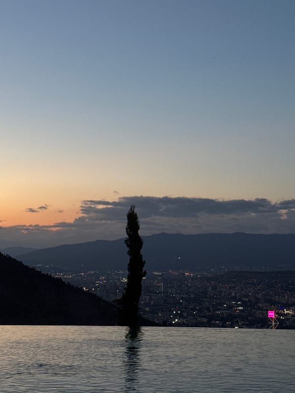 Rooftop infinity pool evening in Tbilisi with city views
