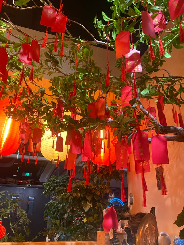 Indoor festival decorations with lanterns and ceramic cats observed
