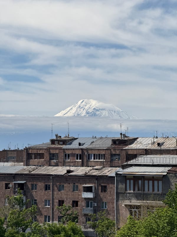 Urban witness captures snow-capped mountain view through clouds