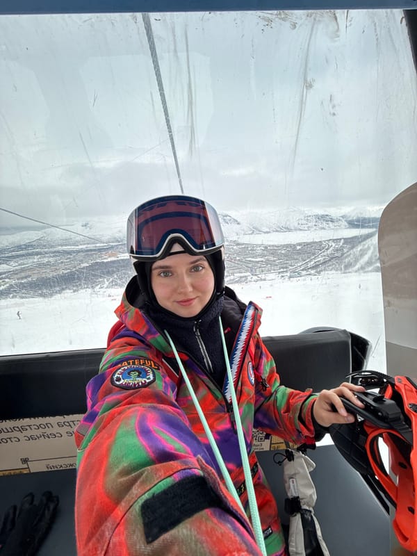 Skier takes gondola selfie in Kirovsk, Russia