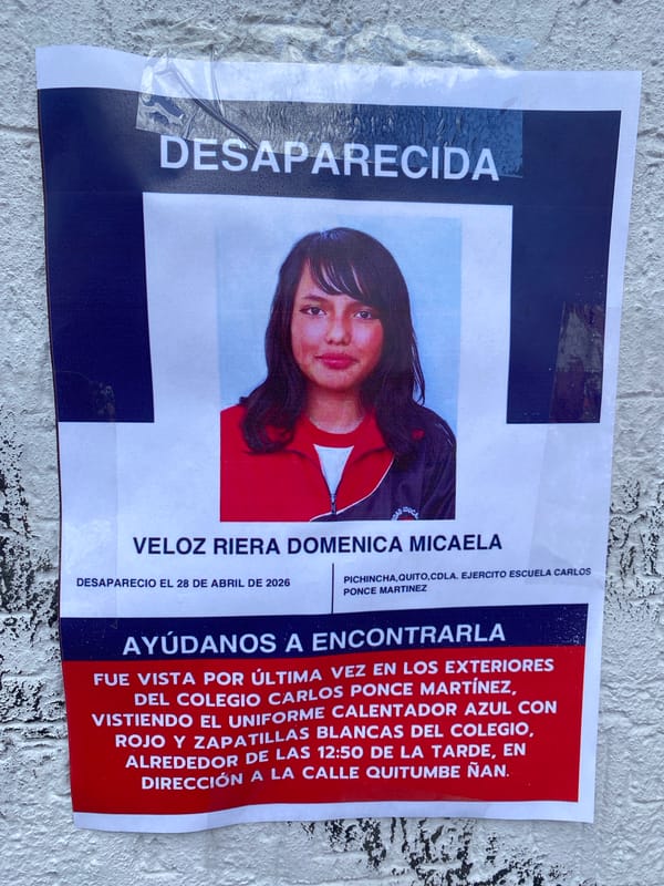 Missing person poster and street scene documented in Quito