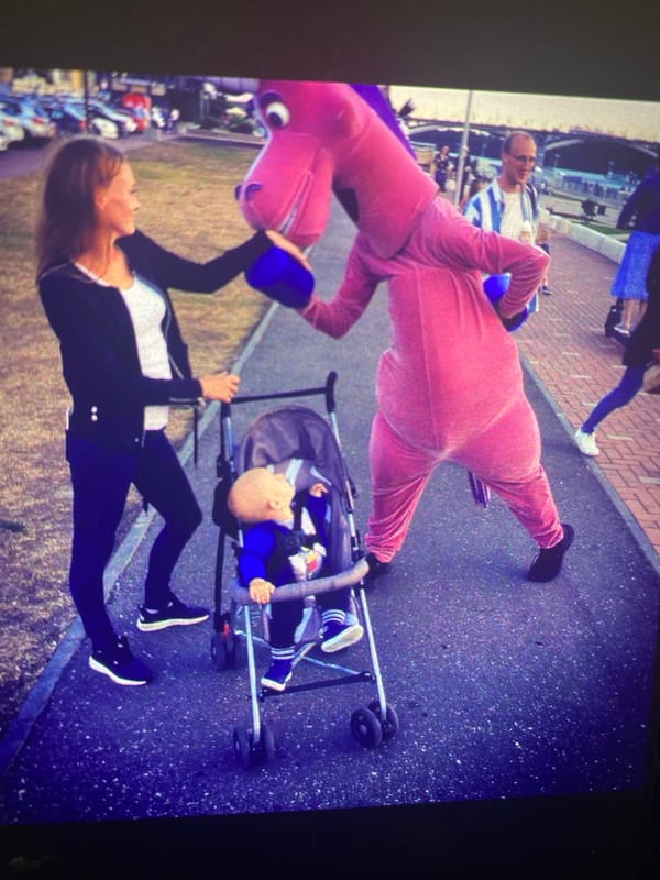 Pink dinosaur costume spotted walking in Saint Petersburg