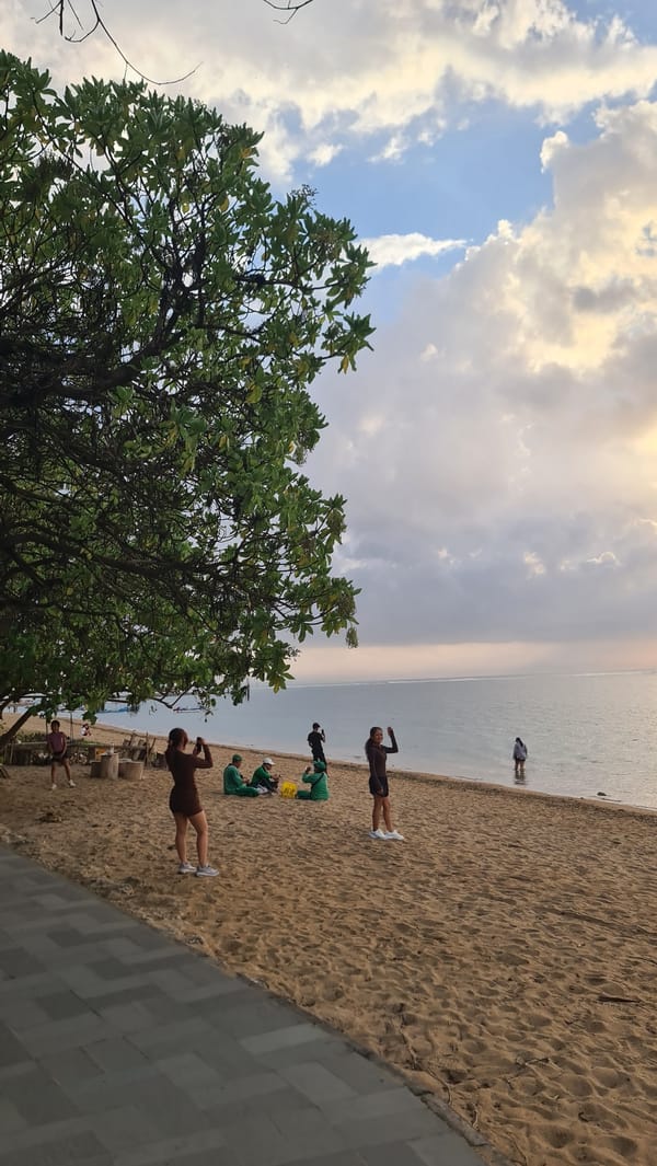 Sunset hour at Sanur Beach, Denpasar — people, fish, and golden skies