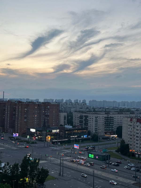 Russian residential neighborhood at golden hour, dusk in full effect