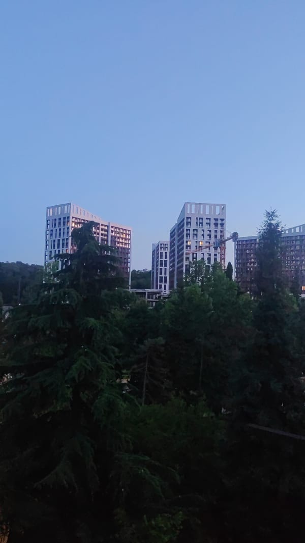 Dagomys at dusk: apartment blocks, greenery, and a framed desert painting