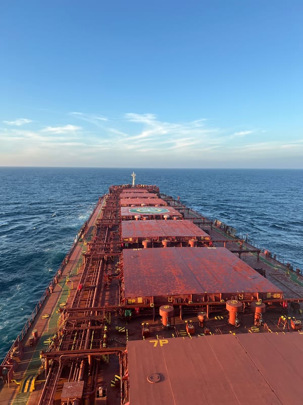 Red cargo ship crosses open ocean through a shifting day