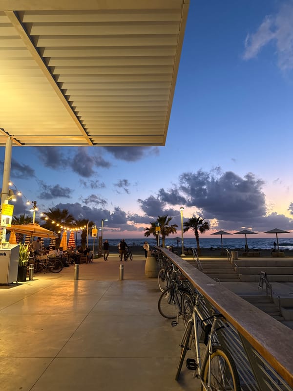 Evening sunset colors Mediterranean coastline in Tel Aviv