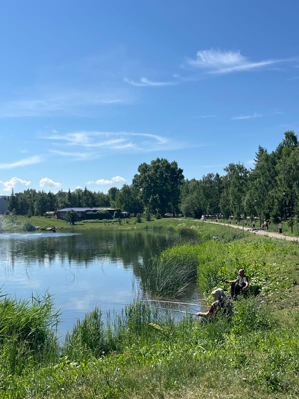 Morning fishing and duck feeding at Oktyabrsky lake park