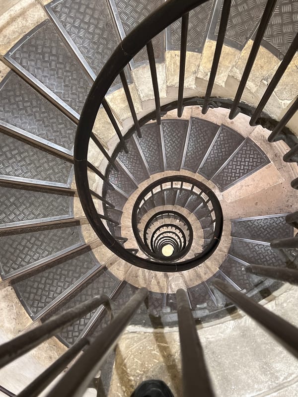 Woman photographed smiling on spiral staircase in Paris