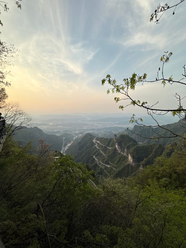 Spring foliage frames mountain vista at Tianmen Mountain, Zhangjiajie