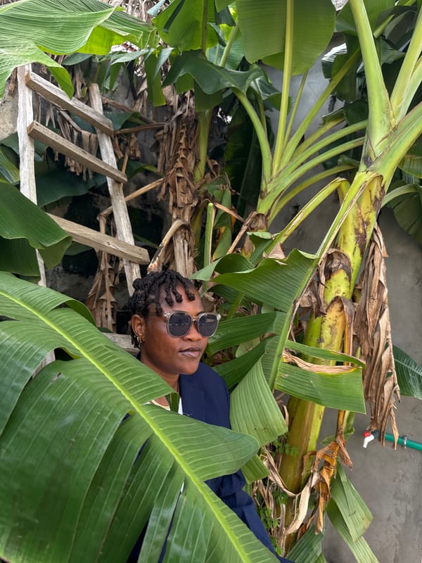 Woman in navy suit poses at banana plantation in Ajara