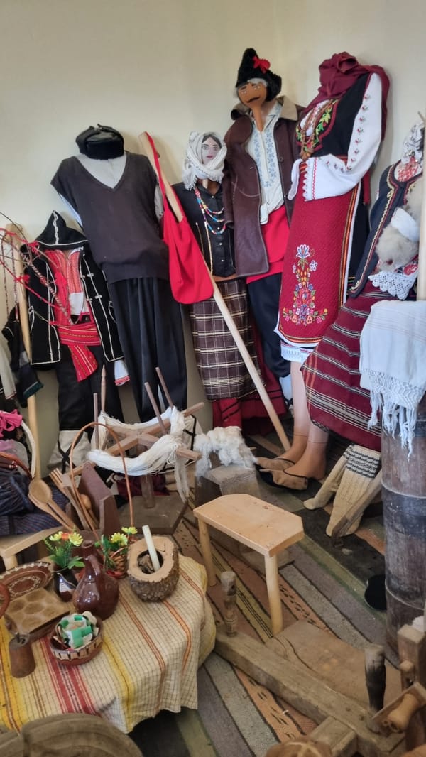 Museum display of traditional dolls observed by witness