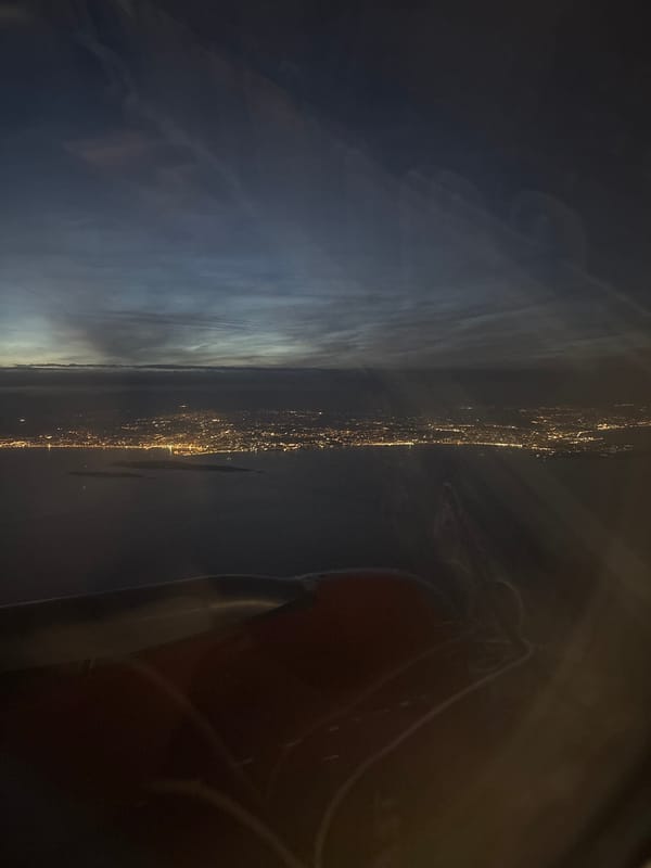 Traveler documents evening arrival in Cannes from air and ground