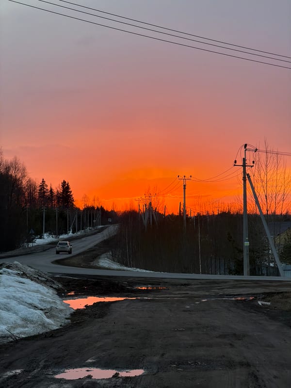 Sunset captured along rural road near Izhevsk, Russia
