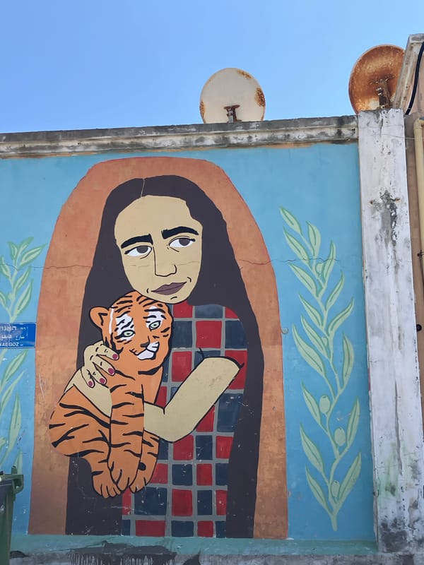 Street mural shows figure holding tiger cub in Tel Aviv
