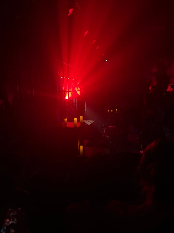 Red lights illuminate indoor space in Mexico City