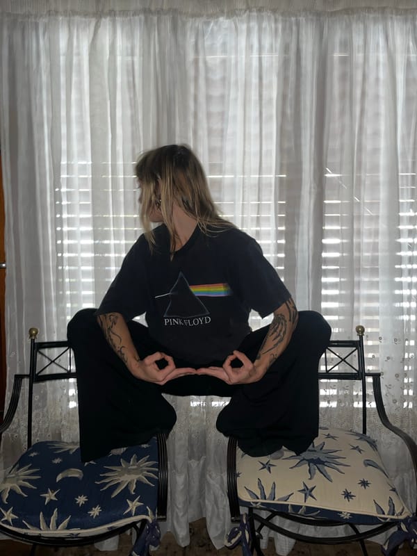 Person in Pink Floyd shirt makes OK gesture by window