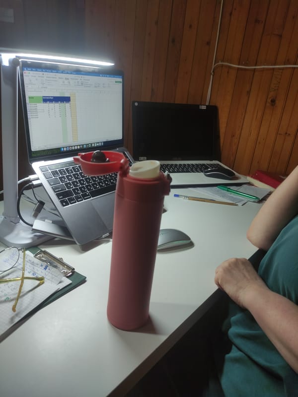Workspace documentation includes laptops, thermos, and desk snacks hashtag