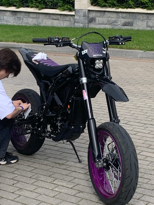 Black electric motorcycle with purple rims, plus garden scenes