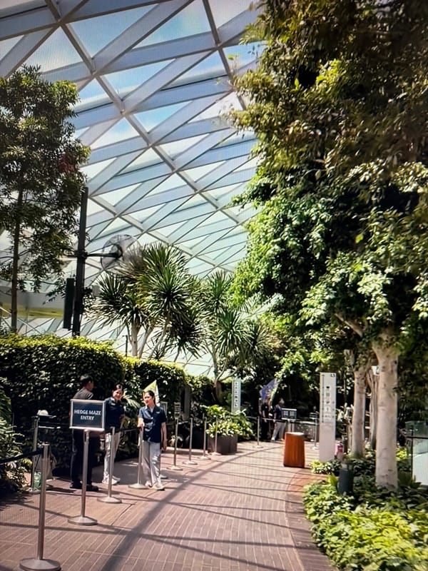 Inside Rostov-on-Don's geodesic dome mall with monorail and waterfall