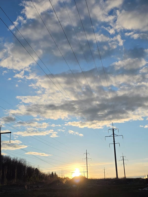 Sky scene with clouds, power lines, low sun observed