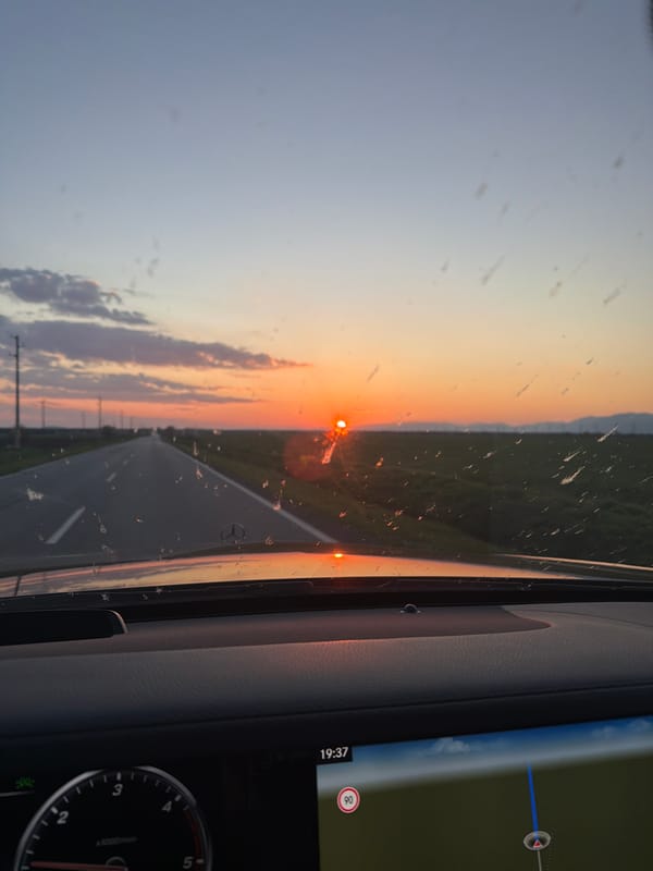 Motorist captures sunset view during evening drive in Bulgaria