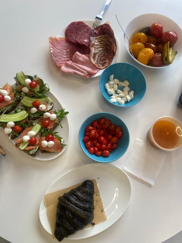Overhead view of meal spread photographed in Moscow