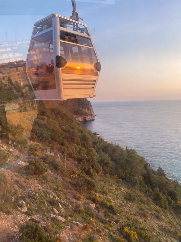 Cable car riders witness Mediterranean sunset in Alanya, Turkey