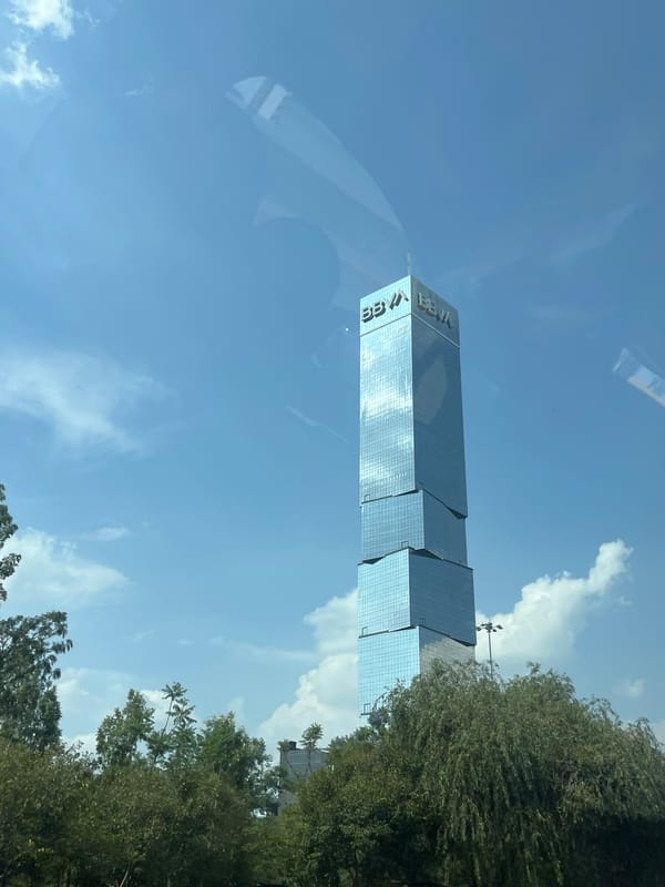 BBVA Tower photographed from street level in Puebla