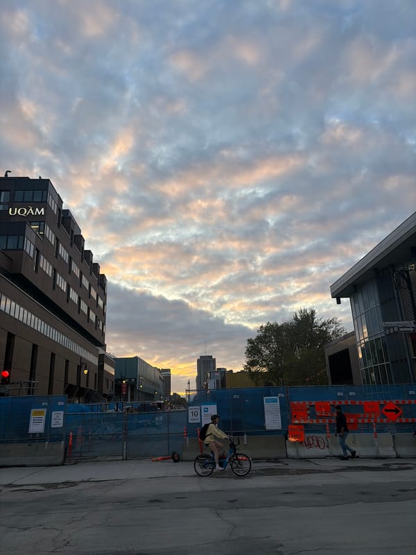 Montreal street scenes captured near UQAM during twilight hours