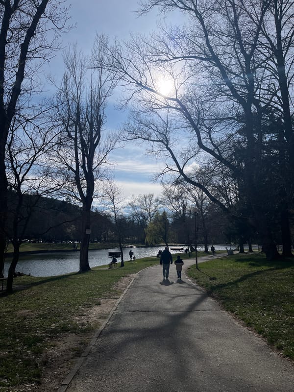 Afternoon park stroll captured along waterside pathway in Blagoevgrad