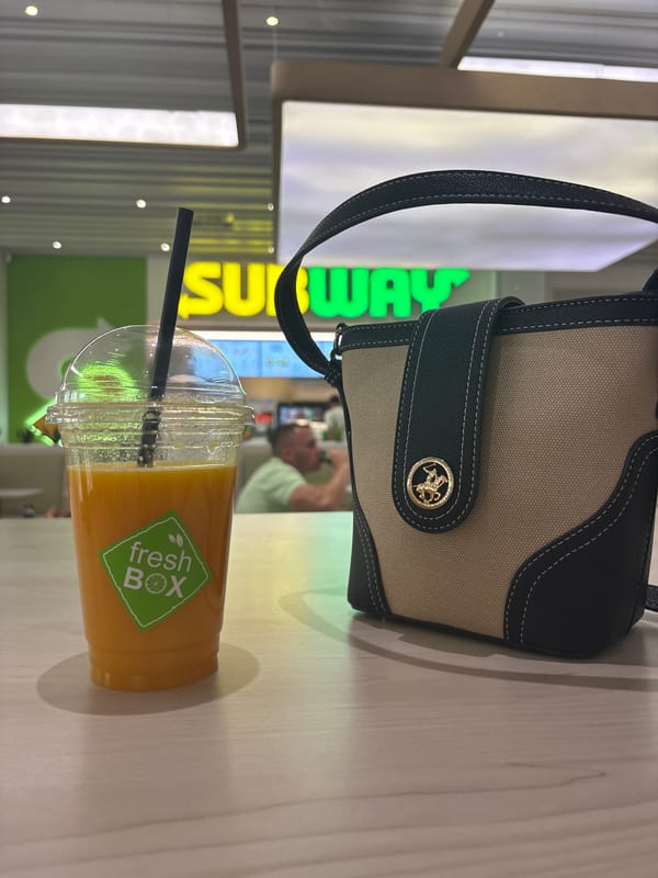 Drinks at a Plovdiv mall food court, Subway in the background