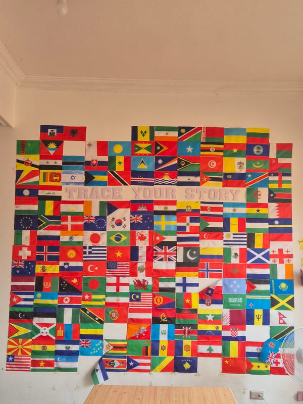 International flags displayed on white wall
